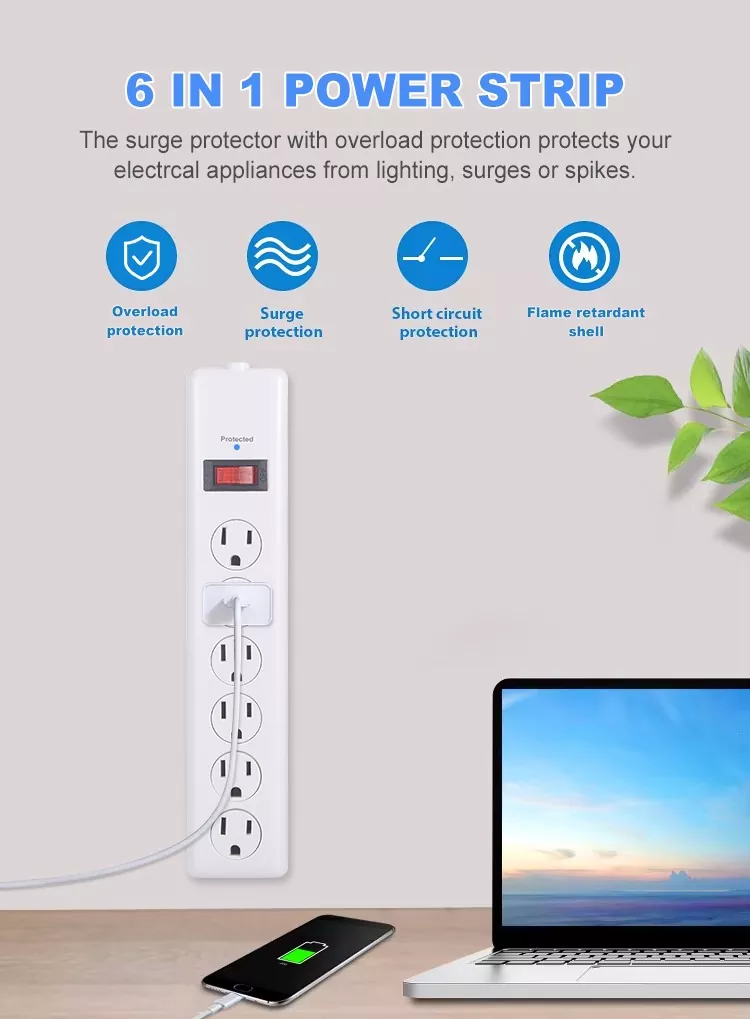 10FT US Power Strip with Surge Protector and Overload Protection